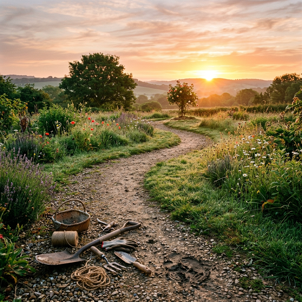 Flower-filled garden path leading toward hills at sunset with gardening tools